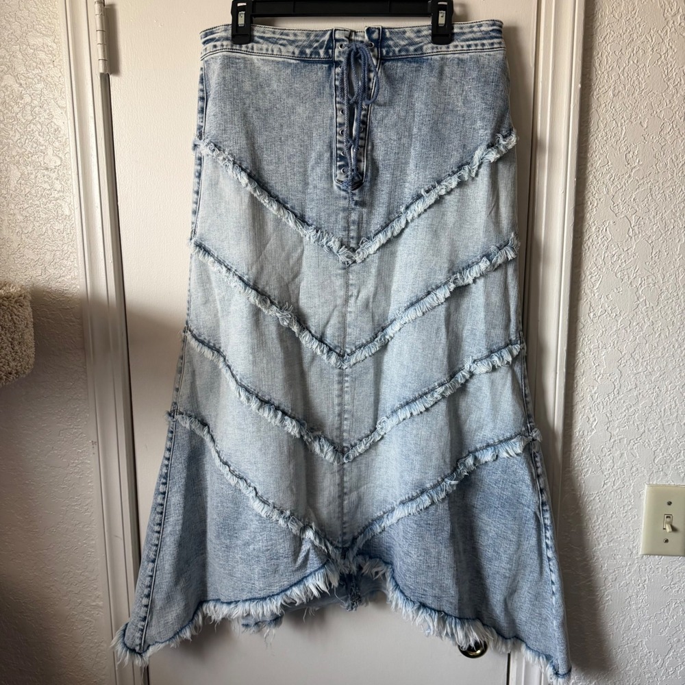 Wash Lab Denim Tiered Maxi Skirt Lace Up Frayed Chevron Handkerchief Hem Blue